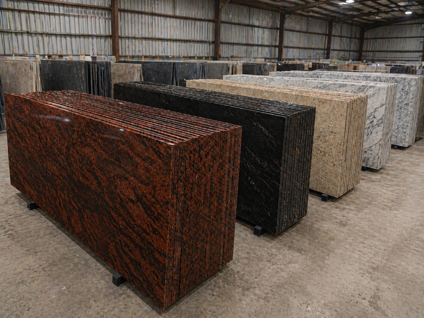Polished granite slabs lined up in Banshi Granites' yard — Red Multi, black, beige and white stock ready for export